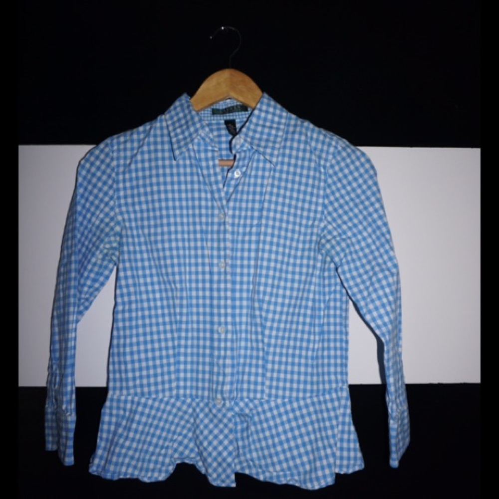 Ralph Lauren Blue Gingham Print Peplum Button Down